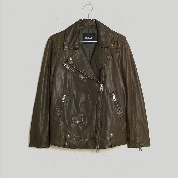 Madewell | Washed Leather Oversized Motorcycle Jacket: Dark Fatigue S - Picture 1 of 10